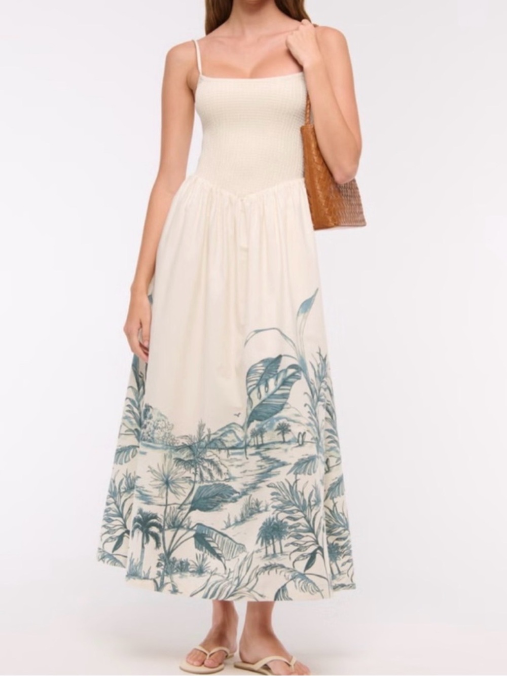 NWOT: Abercrombie and fitch Smocked Cream Maxi Skirt with Blue Tropical Print